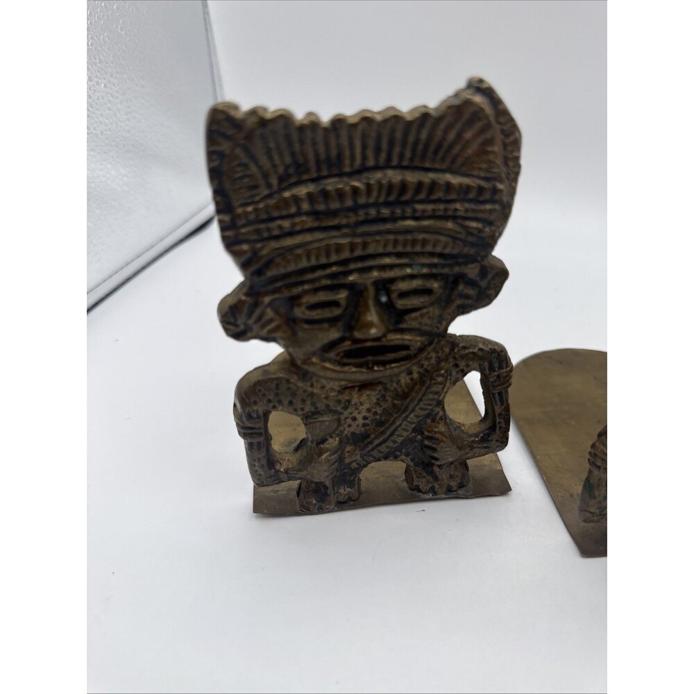 Vintage Brass Aztec Mayan Warrior Bookends Pair Tribal Figural Mid Century Decor